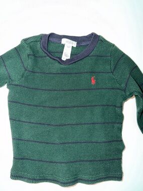 Ralph Lauren Green Waffle Knit Stripe Sweater with Red Pony
